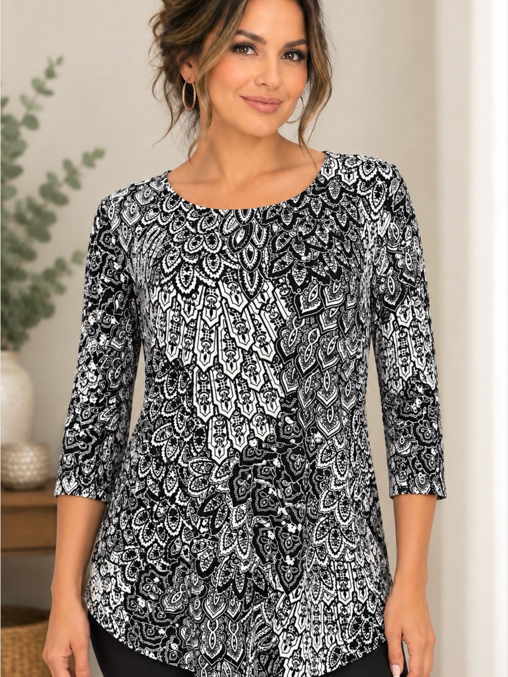 JM Collection Black & White Patterned Scoop Neck Tunic